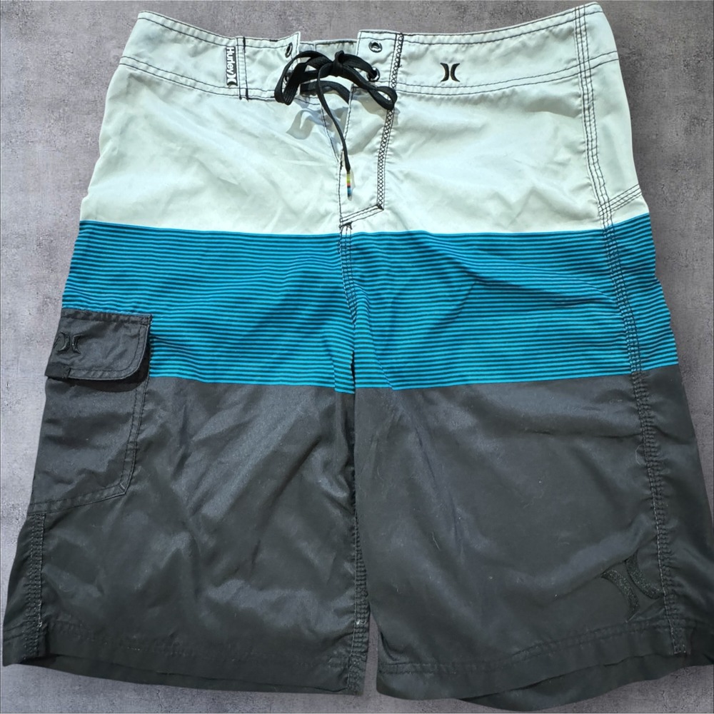 Hurley Board Shorts‎ Men's 30 Blue Colorblock Striped Swim Trunks Surf Skate